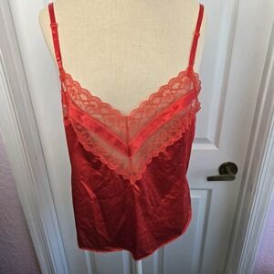 Vanity Fair Vtg Red Lace Nylon Camisole Top Size 38 Lingerie Made In USA